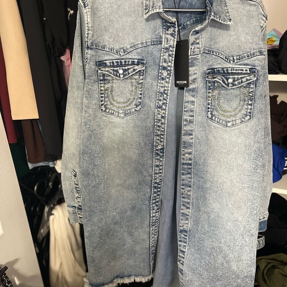 True Religion button-up denim dress or oversized-fit jacket with waist tie XL. - Picture 3 of 6